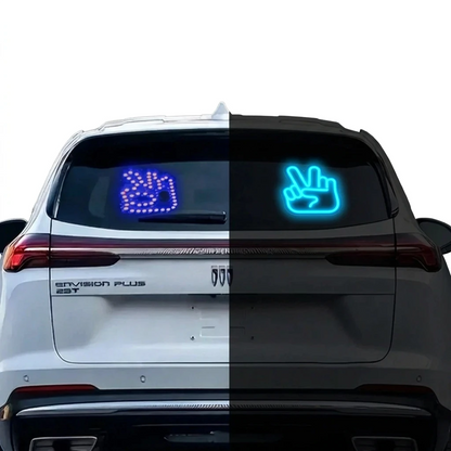 Interactive LED car sign displaying day and night brightness on a rear window glass