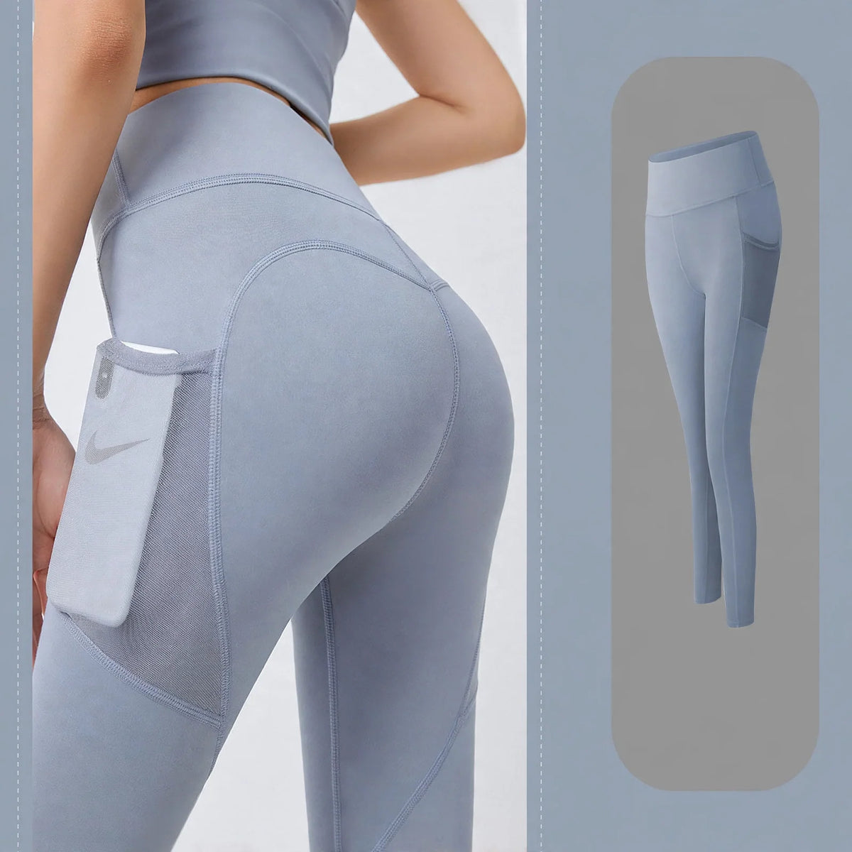 Blue high-waist yoga leggings featuring a side pocket with a phone inserted.