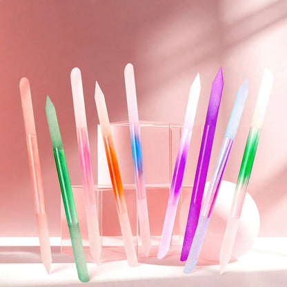 Ten assorted colored nano glass nail files displayed vertically with two insets showing usage on nails.