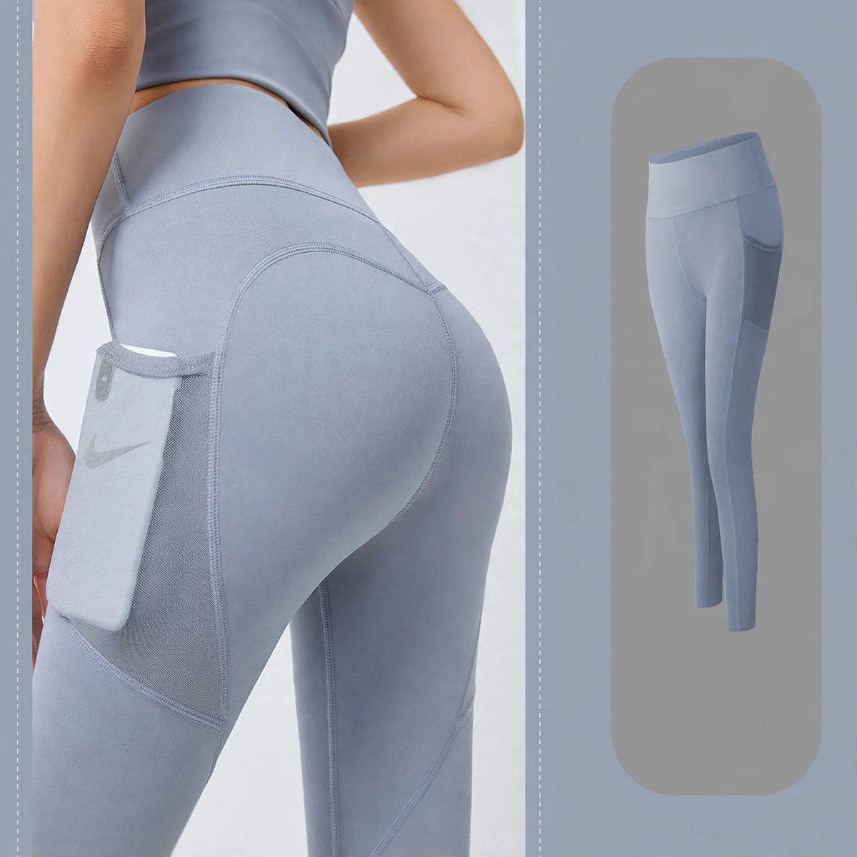Blue high-waist yoga leggings featuring a side pocket with a phone inserted.