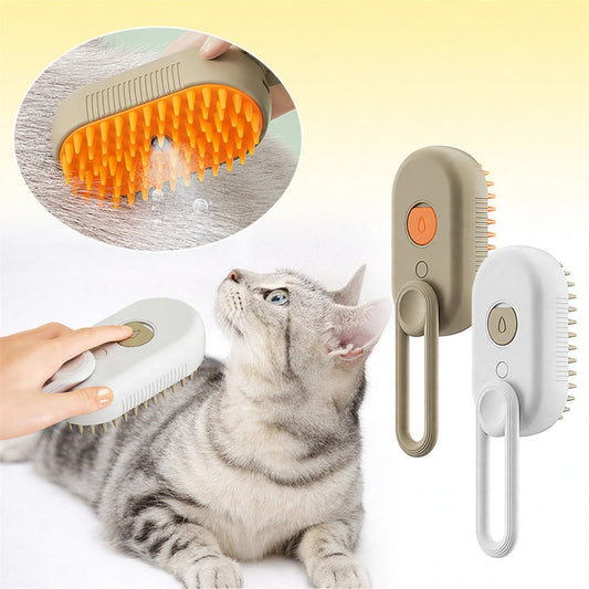 Electric spray pet grooming brush releasing a fine water mist between soft bristles