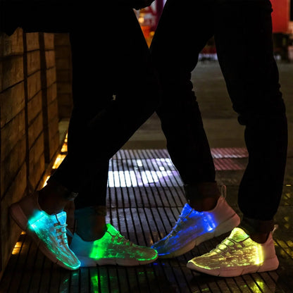 LED sneakers glowing with multicolored lights at night