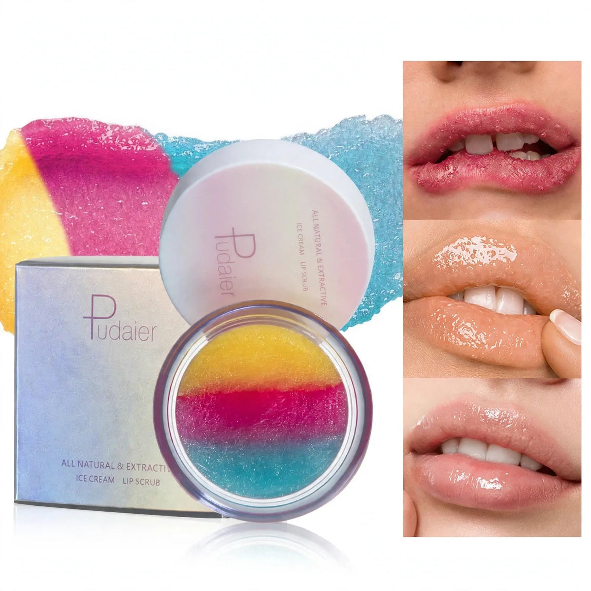 Jar of layered yellow, pink, and blue lip scrub with packaging and application on lips.