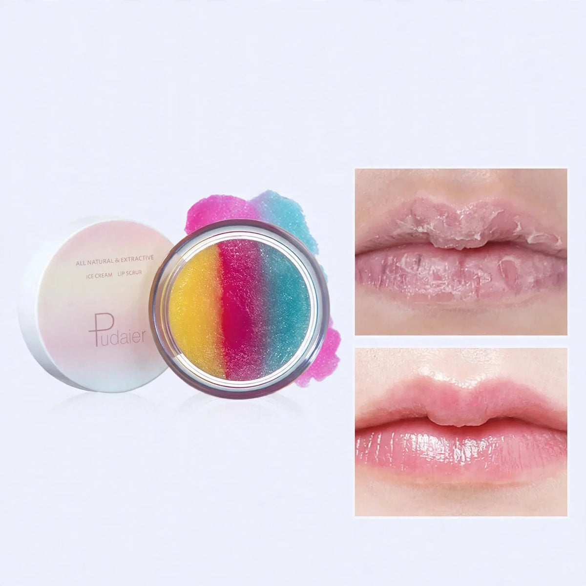 Open jar of multi-colored striped lip scrub alongside before and after lip treatment photos.