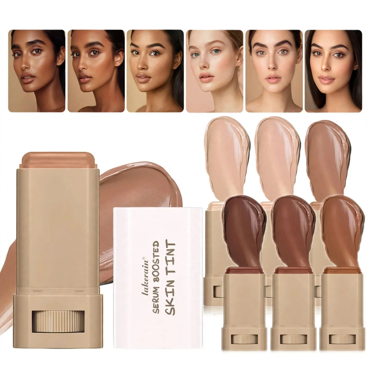 Skin tint stick shown with a white cap, 6 color swatches, and 6 models demonstrating the different shades.
