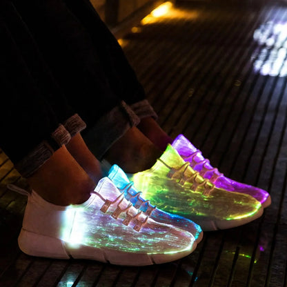 Glowing light-up sneakers worn on feet