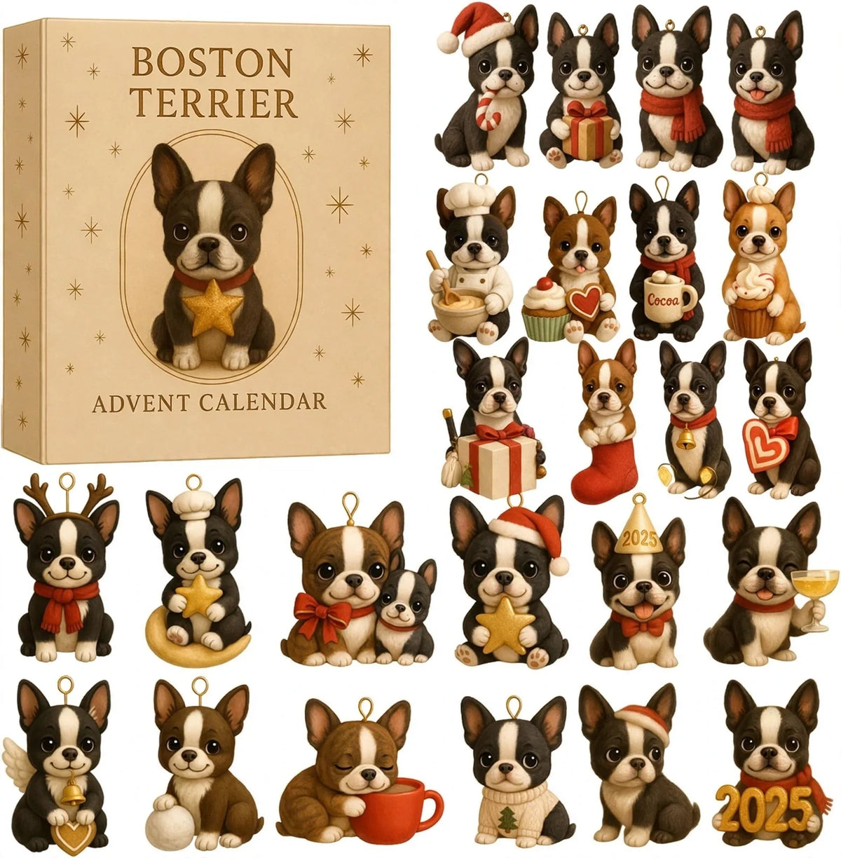Boston terrier advent calendar box displayed with twenty-four miniature dog ornaments.