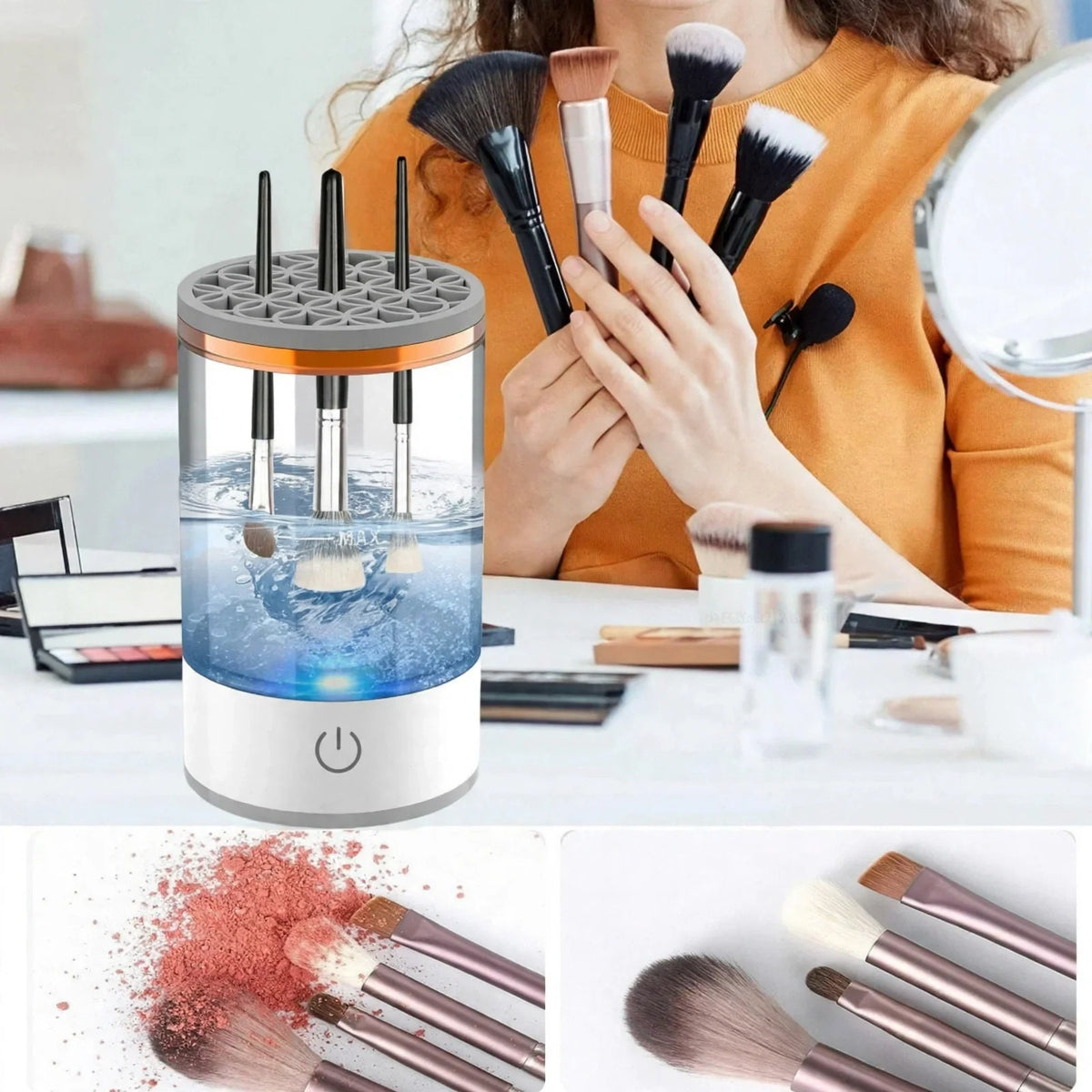 Electric makeup brush cleaner with dirty brushes before washing and clean fluffy brushes after washing.