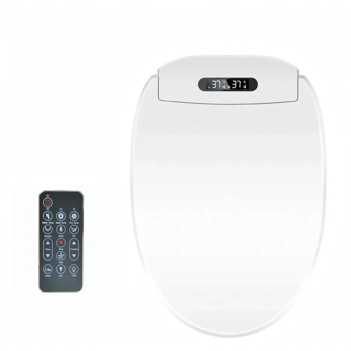 White bidet toilet seat with a digital temperature display and a remote control.