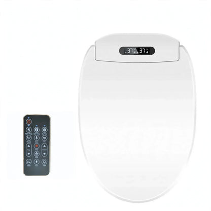 White bidet toilet seat with a digital temperature display and a remote control.
