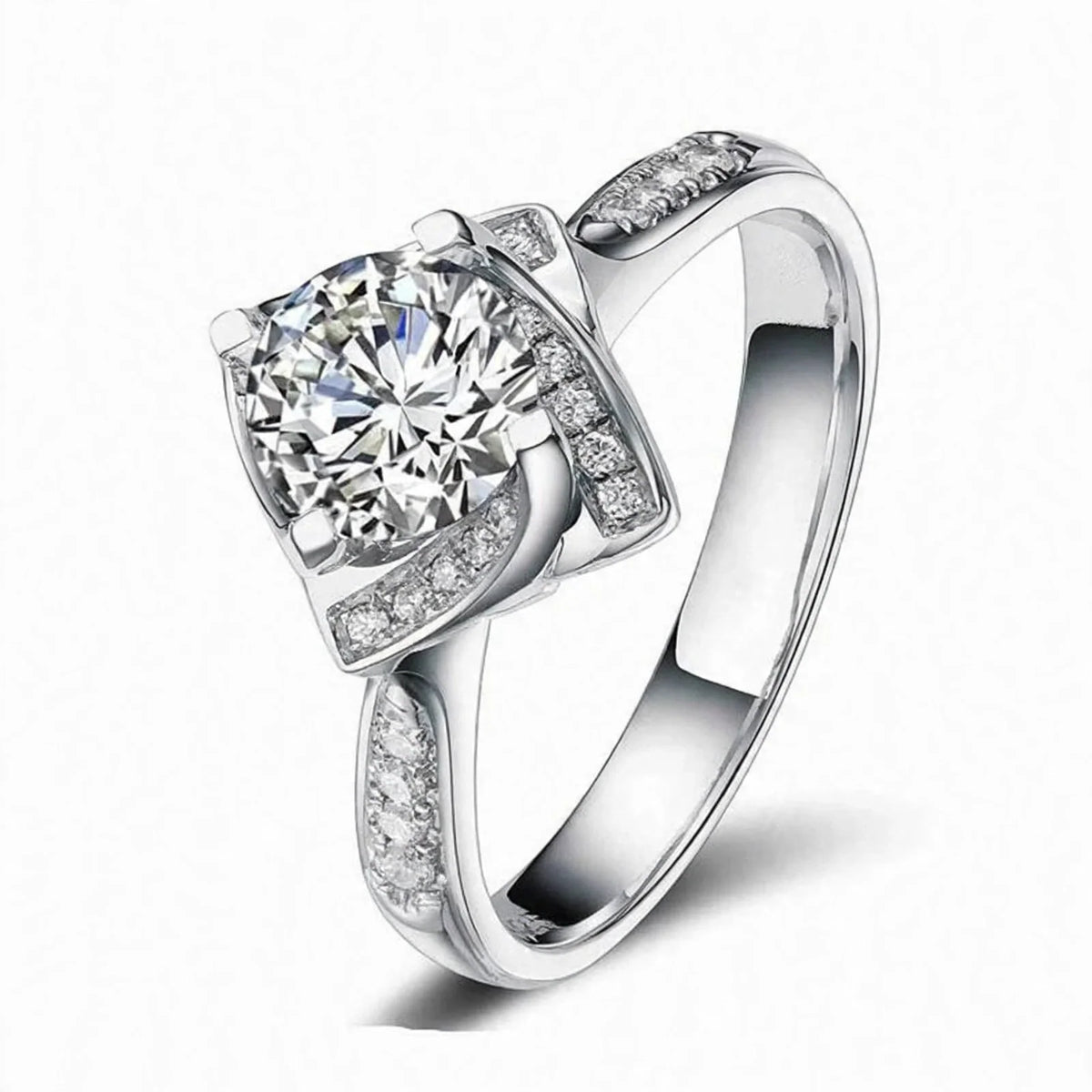 Women's round crystal pave statement ring with halo, front view