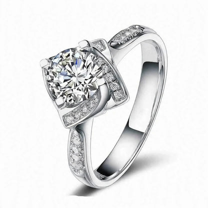 Women's round crystal pave statement ring with halo, front view