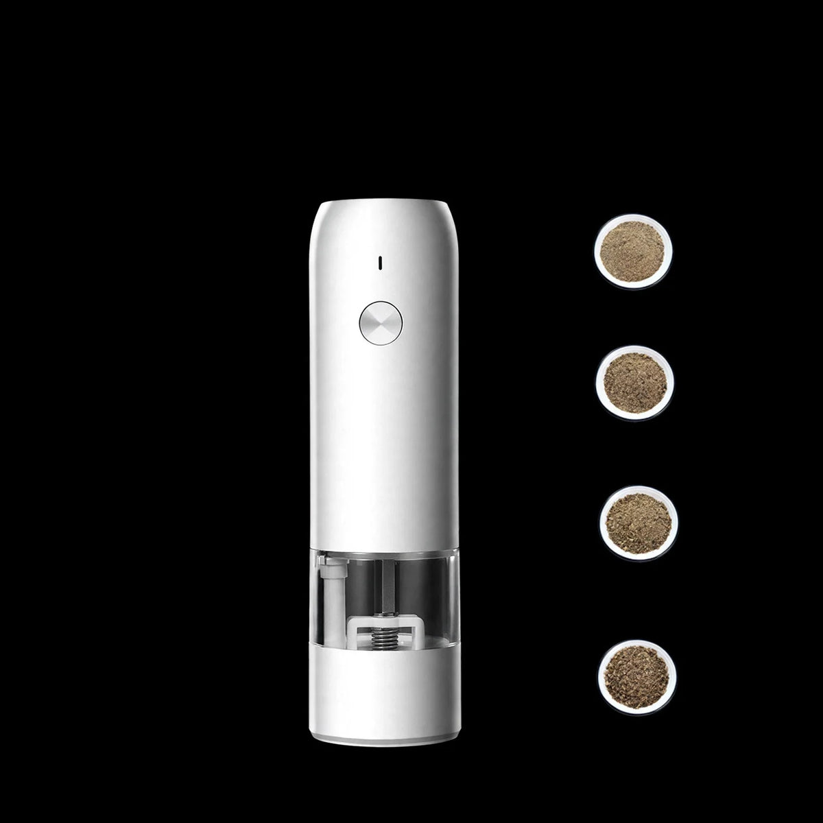 White electric pepper mill showing dimensions of 17cm height, 4.8cm width, 258g weight, and four grind settings.