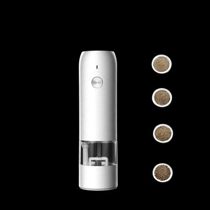 White electric pepper mill showing dimensions of 17cm height, 4.8cm width, 258g weight, and four grind settings.
