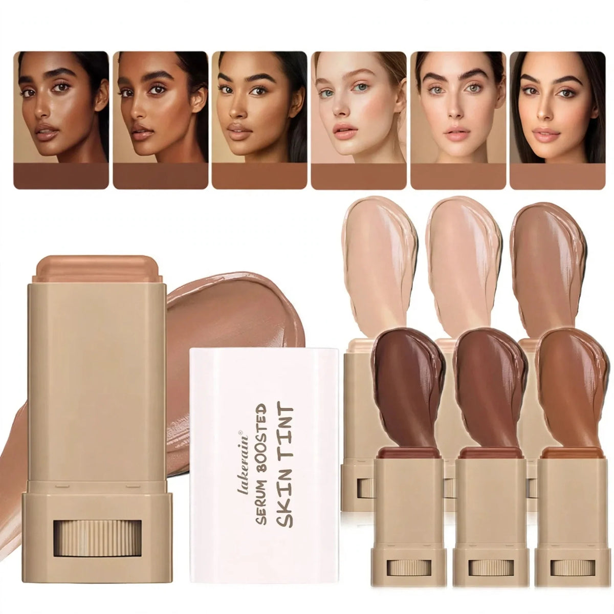 Skin tint stick shown with a white cap, 6 color swatches, and 6 models demonstrating the different shades.