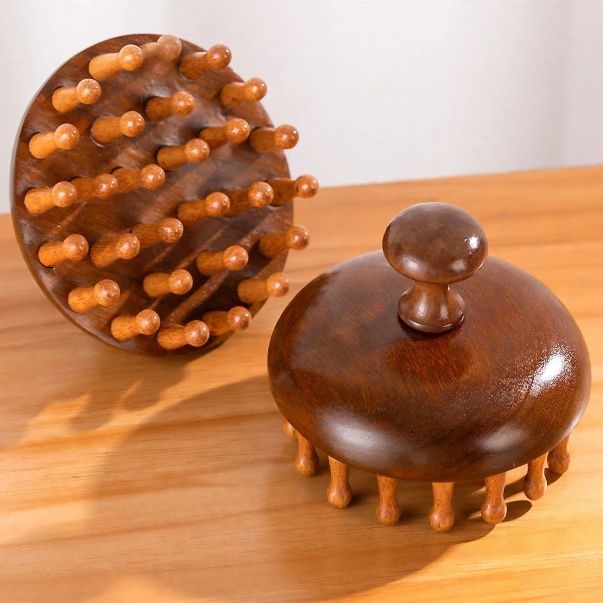 Carved wooden scalp massager brush with knob handle