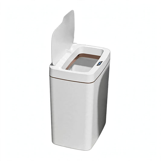 Motion Sensor Trash Can with lid open, hero product shot.