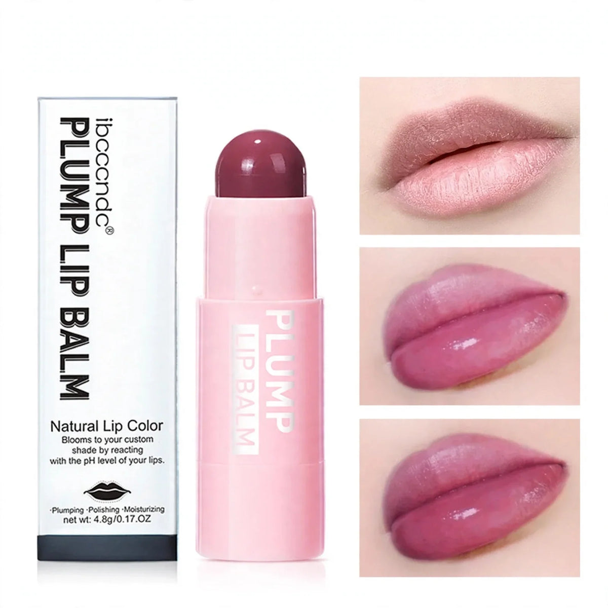 Pink plump lip balm tube with its box and before-and-after lip application photos.