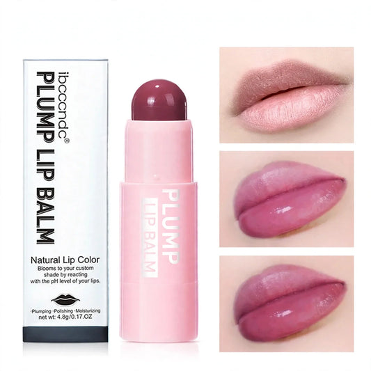 Pink plump lip balm tube with its box and before-and-after lip application photos.