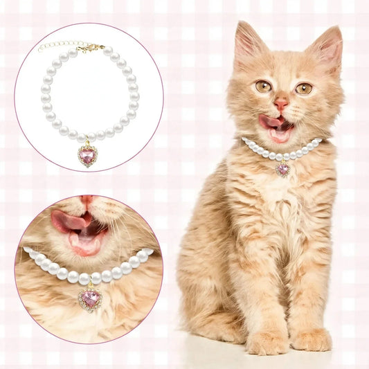 Pet collar floral with pearl accents and heart gem pendant