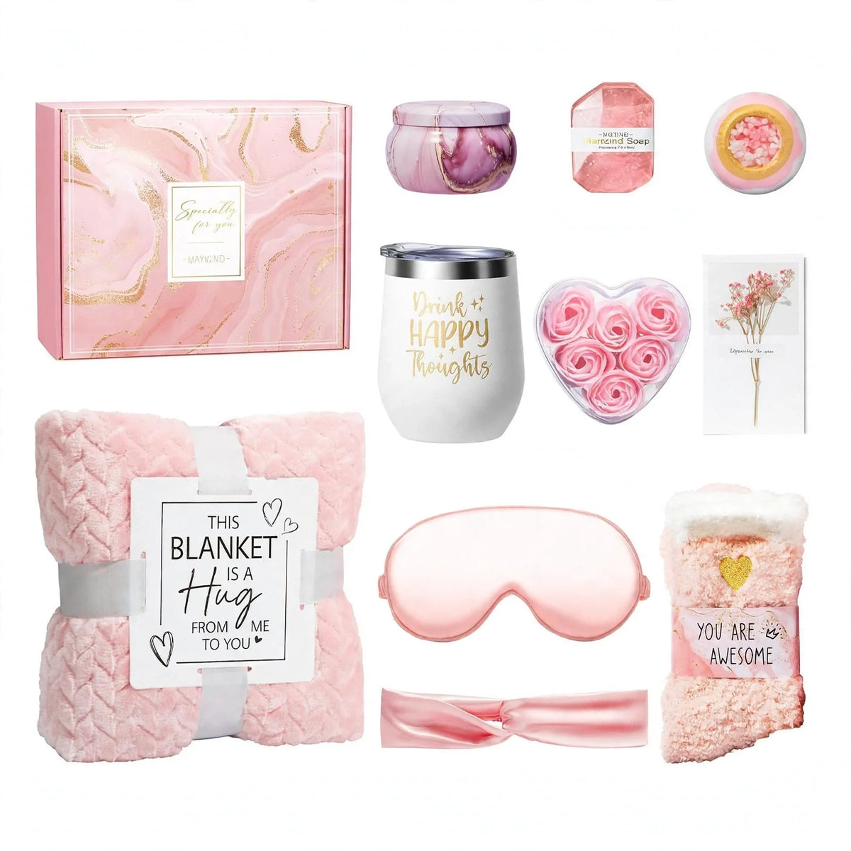Pink bath gift set with candle, soap, blanket, tumbler, eye mask, socks, and gift box.