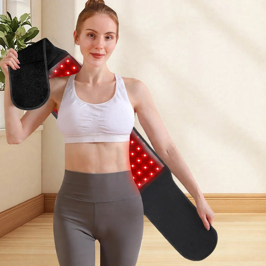 Infrared heating waist belt back support wrap with digital display and text overlay