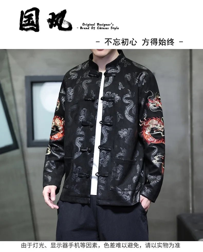 Men Dragon Embroidered Tang Suit Jacket With Stand Collar - Merch Gone Viral