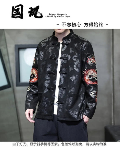 Men Dragon Embroidered Tang Suit Jacket With Stand Collar - Merch Gone Viral