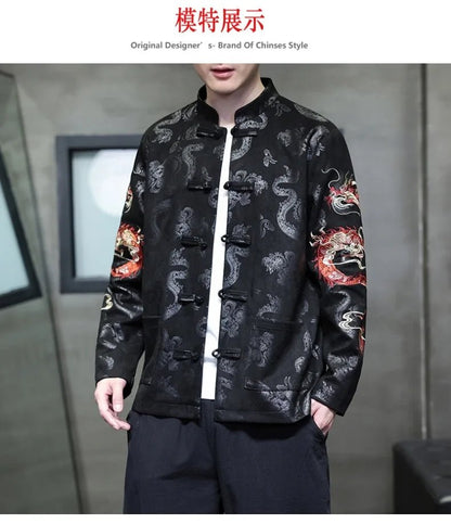 Men Dragon Embroidered Tang Suit Jacket With Stand Collar - Merch Gone Viral
