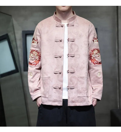 Men Dragon Embroidered Tang Suit Jacket With Stand Collar - Merch Gone Viral