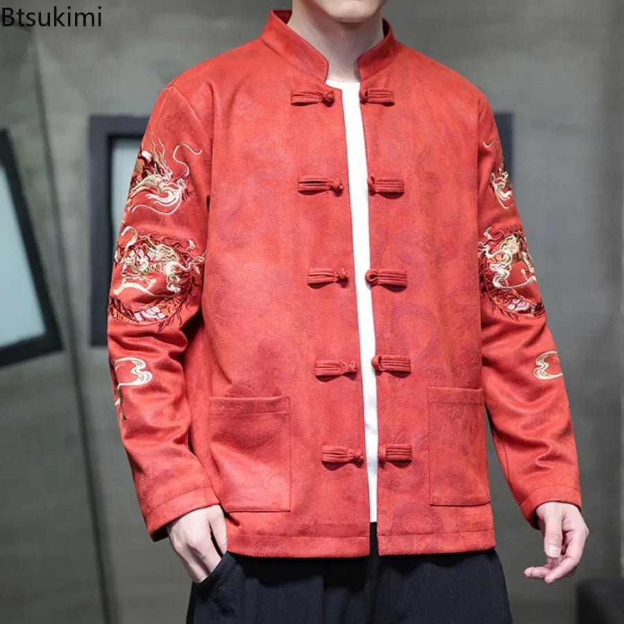 Men Dragon Embroidered Tang Suit Jacket With Stand Collar - Merch Gone Viral