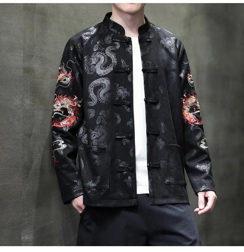 Men Dragon Embroidered Tang Suit Jacket With Stand Collar - Merch Gone Viral