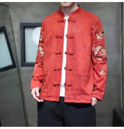 Men Dragon Embroidered Tang Suit Jacket With Stand Collar - Merch Gone Viral