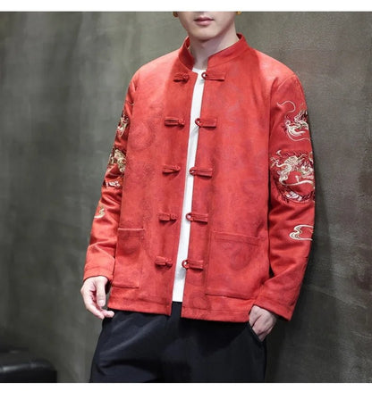 Men Dragon Embroidered Tang Suit Jacket With Stand Collar - Merch Gone Viral
