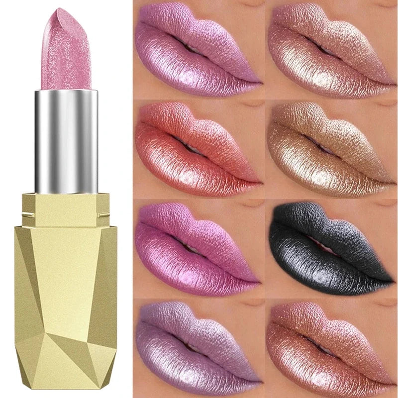 A metallic pink lipstick tube and a grid showing eight different metallic lip shades on lips.