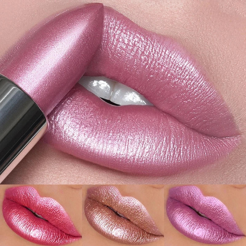 Close-up of metallic pink lipstick swatched on lips alongside three smaller lip color swatches.