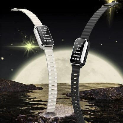White and black sleep bracelets with digital screens against a moonlit water landscape.