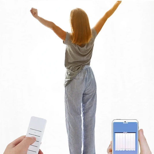 Woman stretching in front of open curtains, with hands holding a remote and smartphone control app.