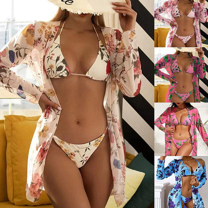 New Swimsuit Women's Printed Mesh Three - piece Blouse - merch gone viral.