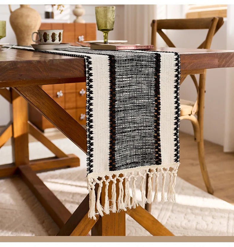 Table runner boho tassel dining centerpiece woven cotton fabric