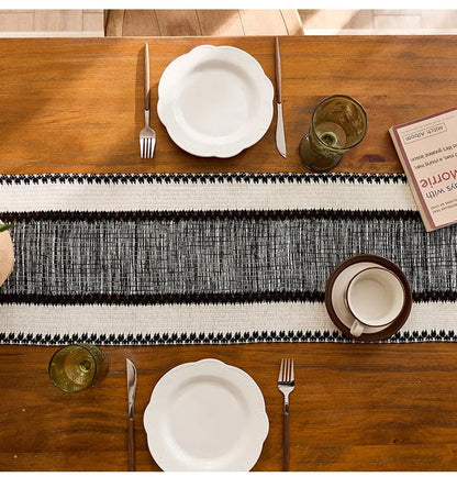 Table runner woven cotton boho dining centerpiece with textured pattern.