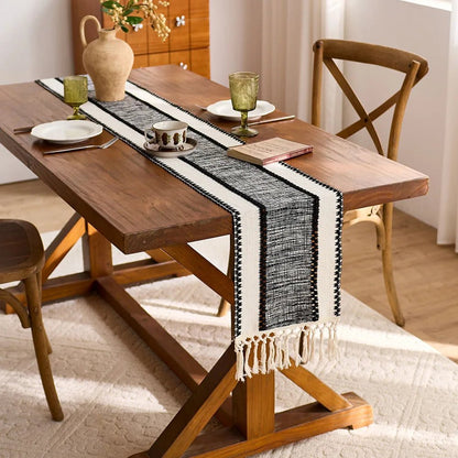 Table runner boho tassel woven cotton dining centerpiece