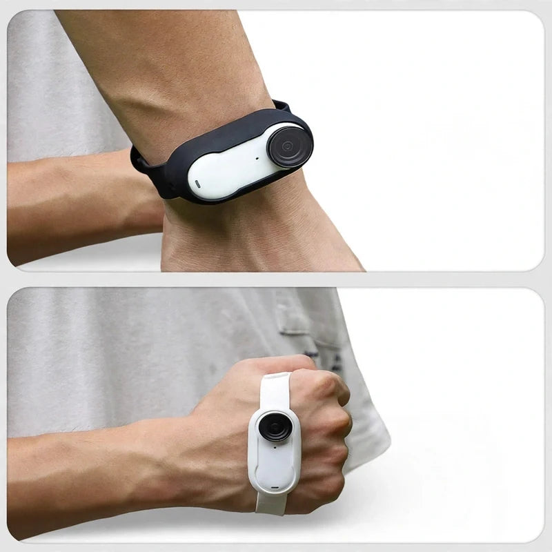 Small action camera worn on the wrist with a black band in one view and a white band in another view.