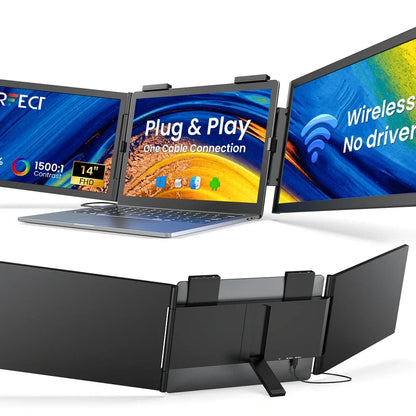 Dual-screen laptop extender attached to a laptop, front and back views showing display screens and kickstand support.