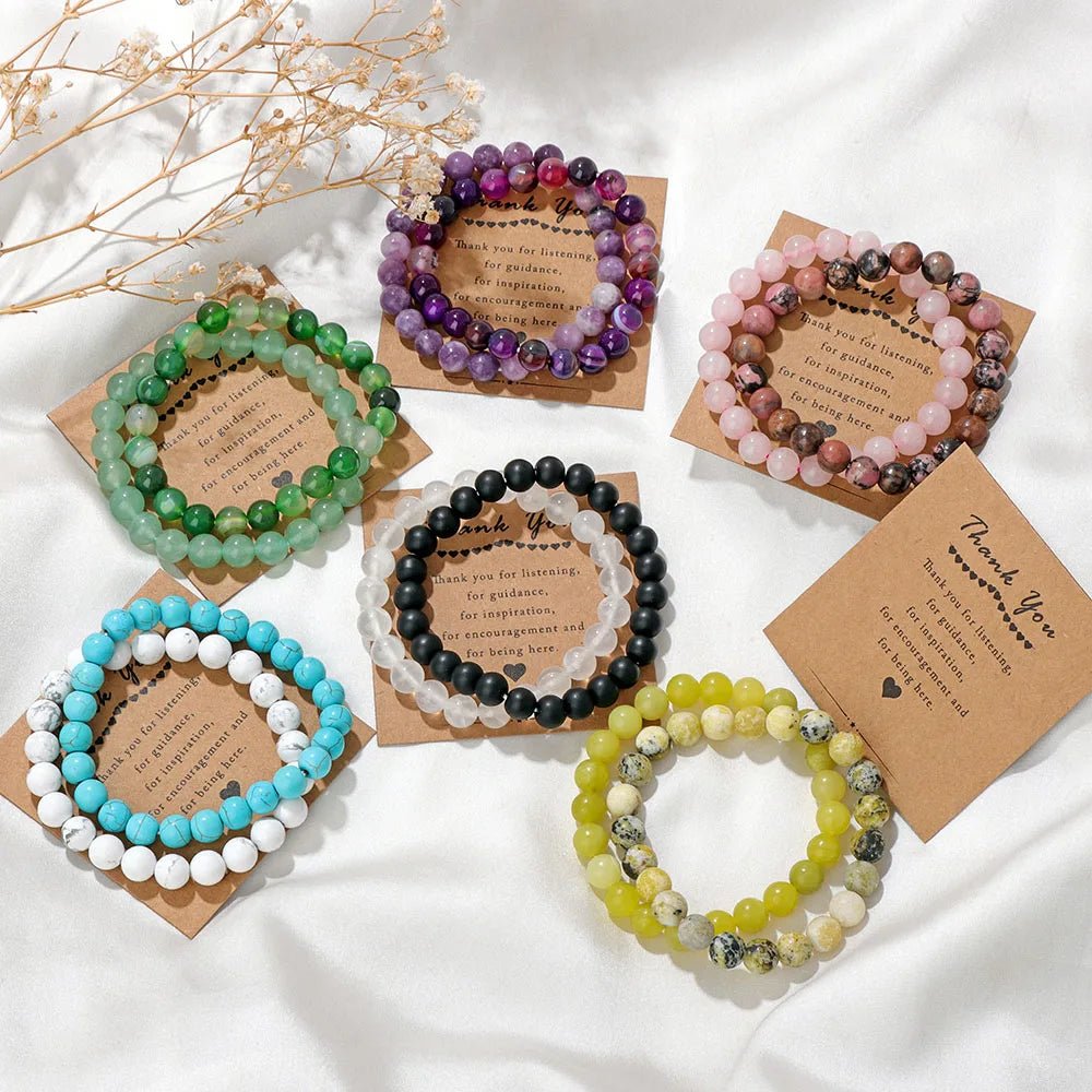 Premium Natural Amethyst & Cat Eye Bead Bracelet Set - Couples Stretch Bracelets with Gift Cards - merch gone viral.