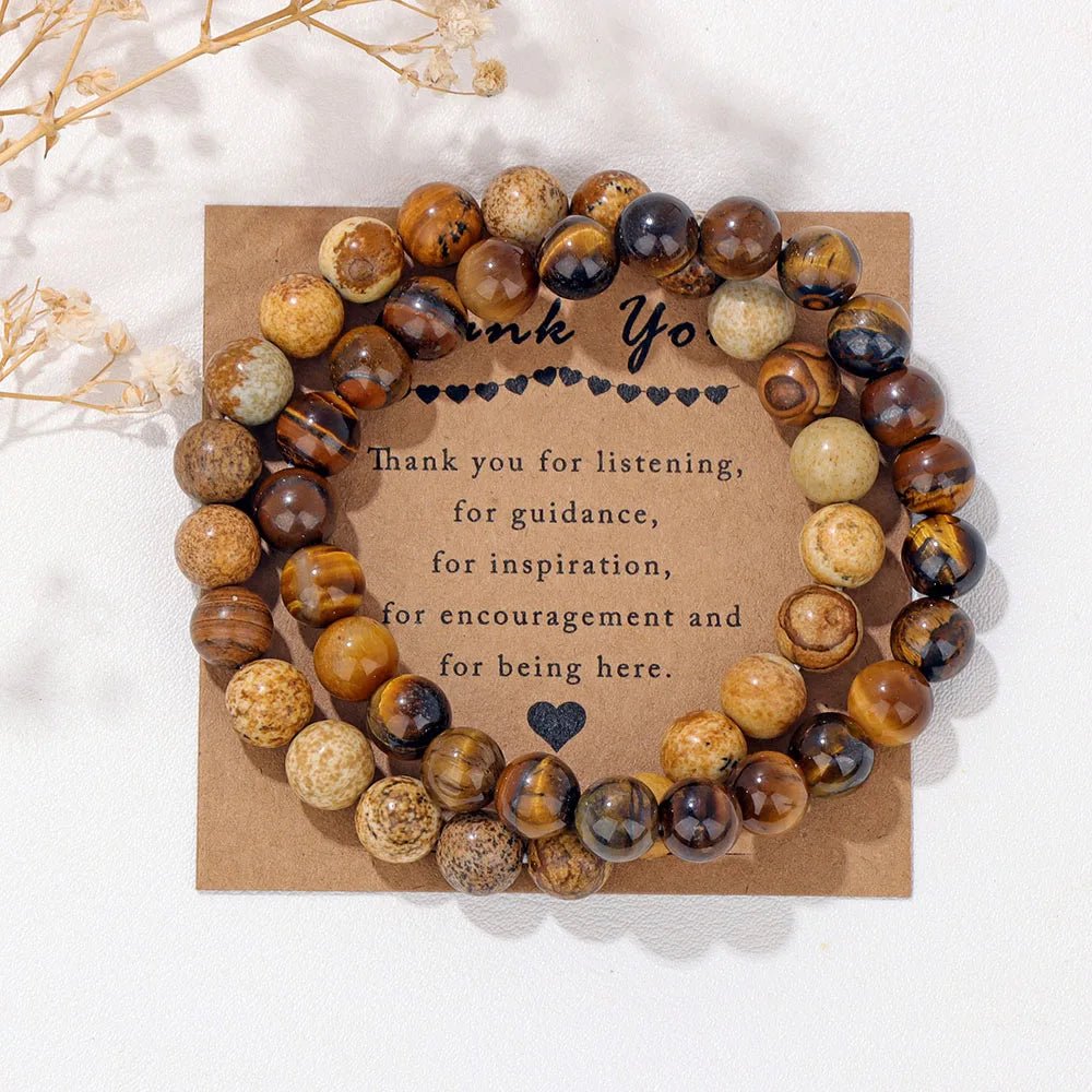 Premium Natural Amethyst & Cat Eye Bead Bracelet Set - Couples Stretch Bracelets with Gift Cards - merch gone viral.