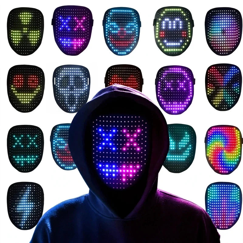Programmable LED party mask showing various colorful pixelated facial designs and symbols on a black matrix.