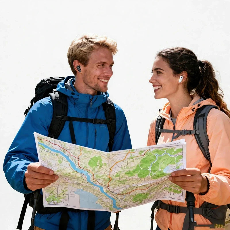 Smiling hikers with backpacks holding a map, wearing earbuds.