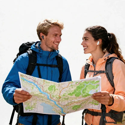 Smiling hikers with backpacks holding a map, wearing earbuds.