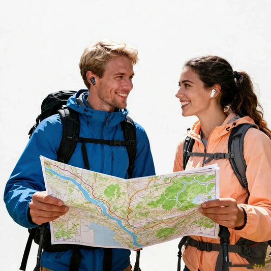 Smiling hikers with backpacks holding a map, wearing earbuds.